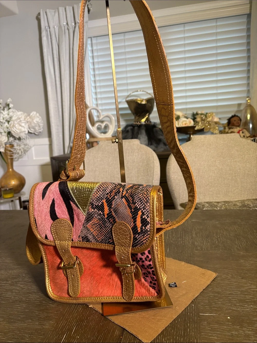 Paul Marius LaSacoche Leathe Gold-Trim Pink Patchwork Animal Print Crossbody Bag